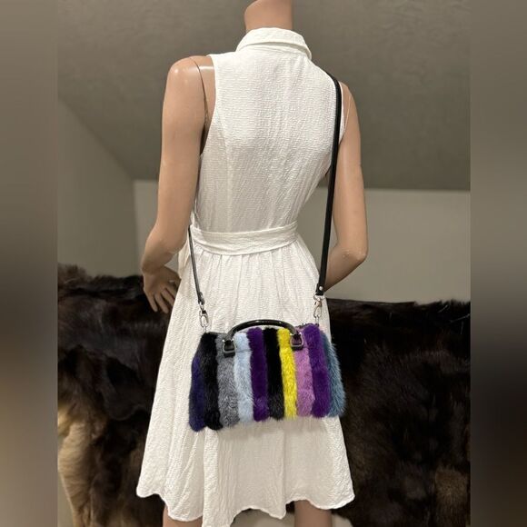 Multi Way Use Handmade Color-block Real Mink Fur Top Handles Satchel/Crossbody - Picture 9 of 16